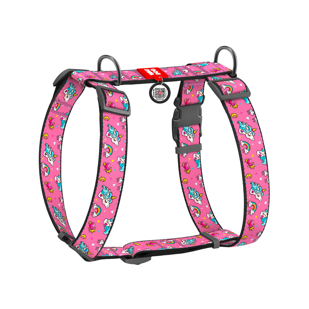 Шлея для собак WAUDOG Nylon анатомічна H-подібна з QR-паспортом "Єдинороги" пластиковий фастекс XL (323-0013) - изображение 1