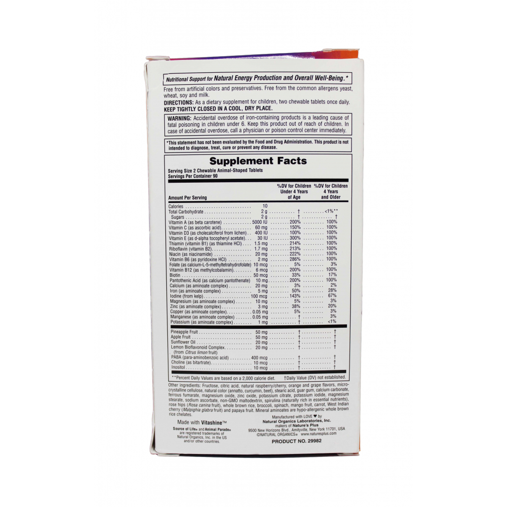 Мультивітамін Natures Plus Мультивітаміни для Дітей, Смак Асорті, Animal Parade, 180 жу (NAP-29982) - зображення 2