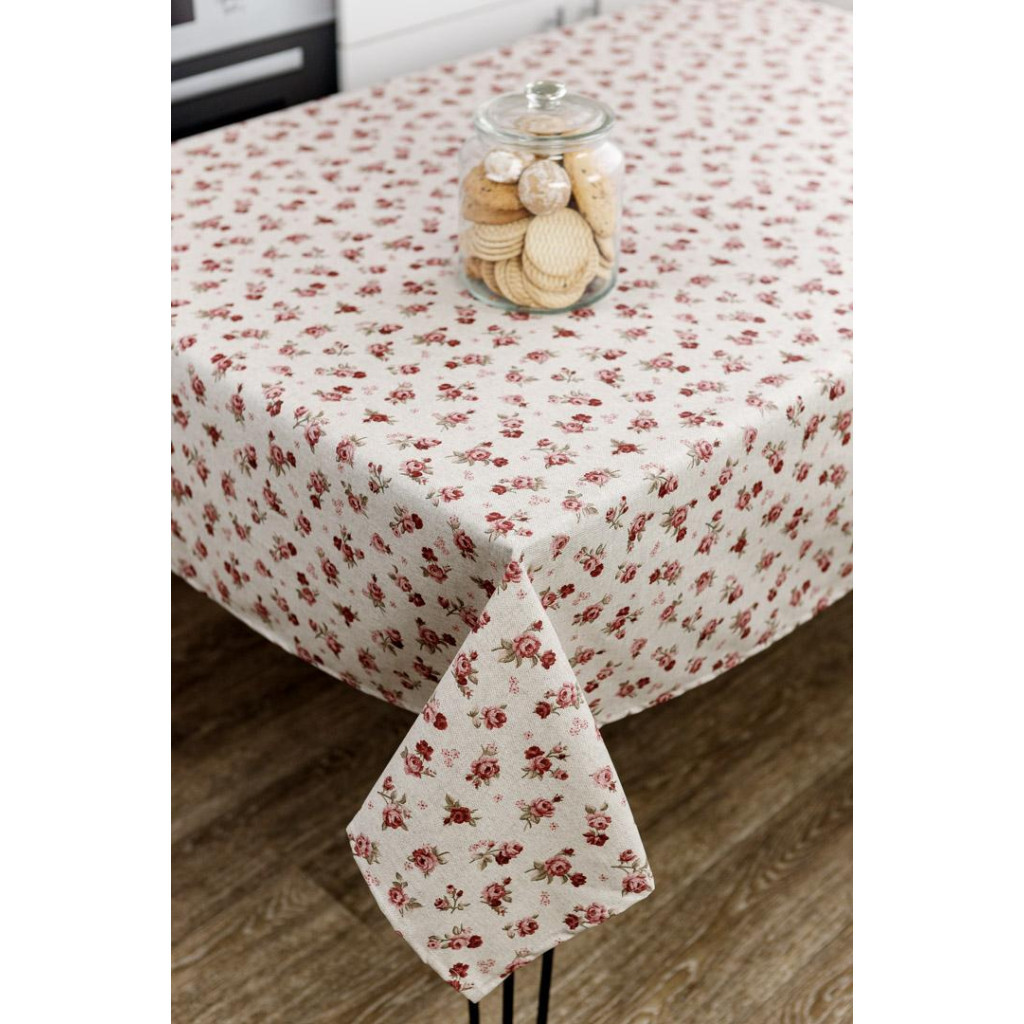 Скатертина Прованс непромокаюча Simfoni Червоні трояндочки на натюрель 180х136 см (033553) - зображення 4