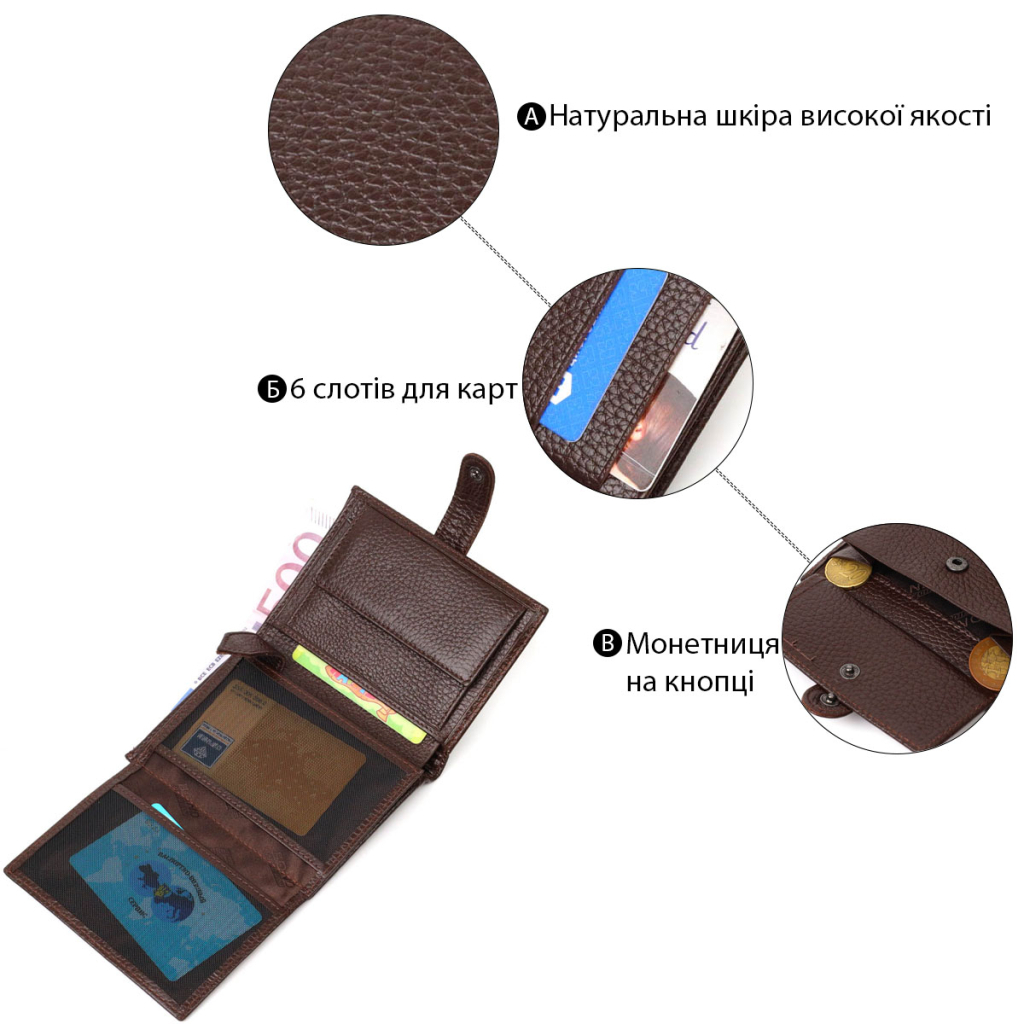 Портмоне Bond Accessories З натуральної зернистої шкіри Коричневе (22056) - изображение 4
