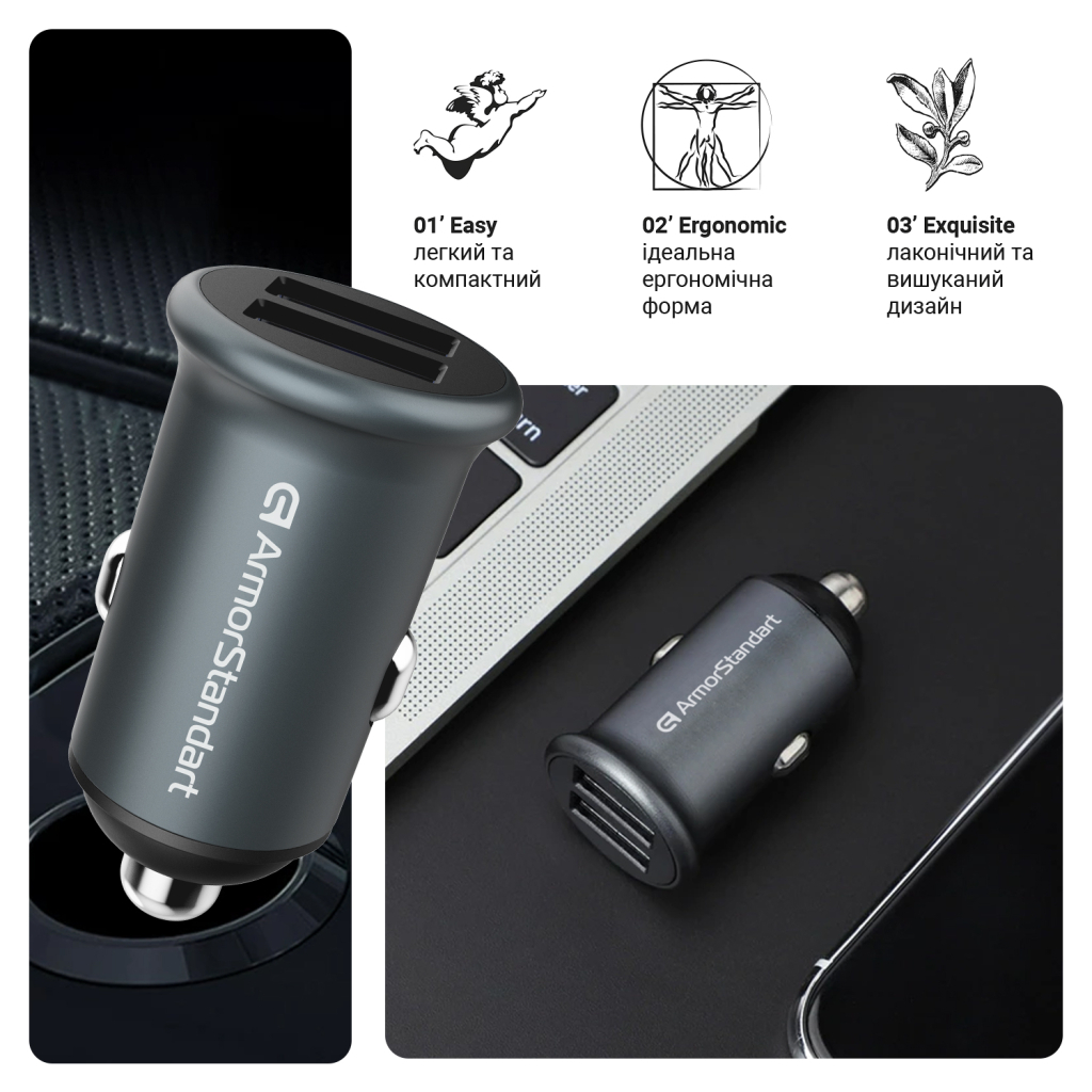 Зарядний пристрій Armorstandart 2xUSB QC3.0 Grey + cable USB-C (ARM82459) - зображення 4