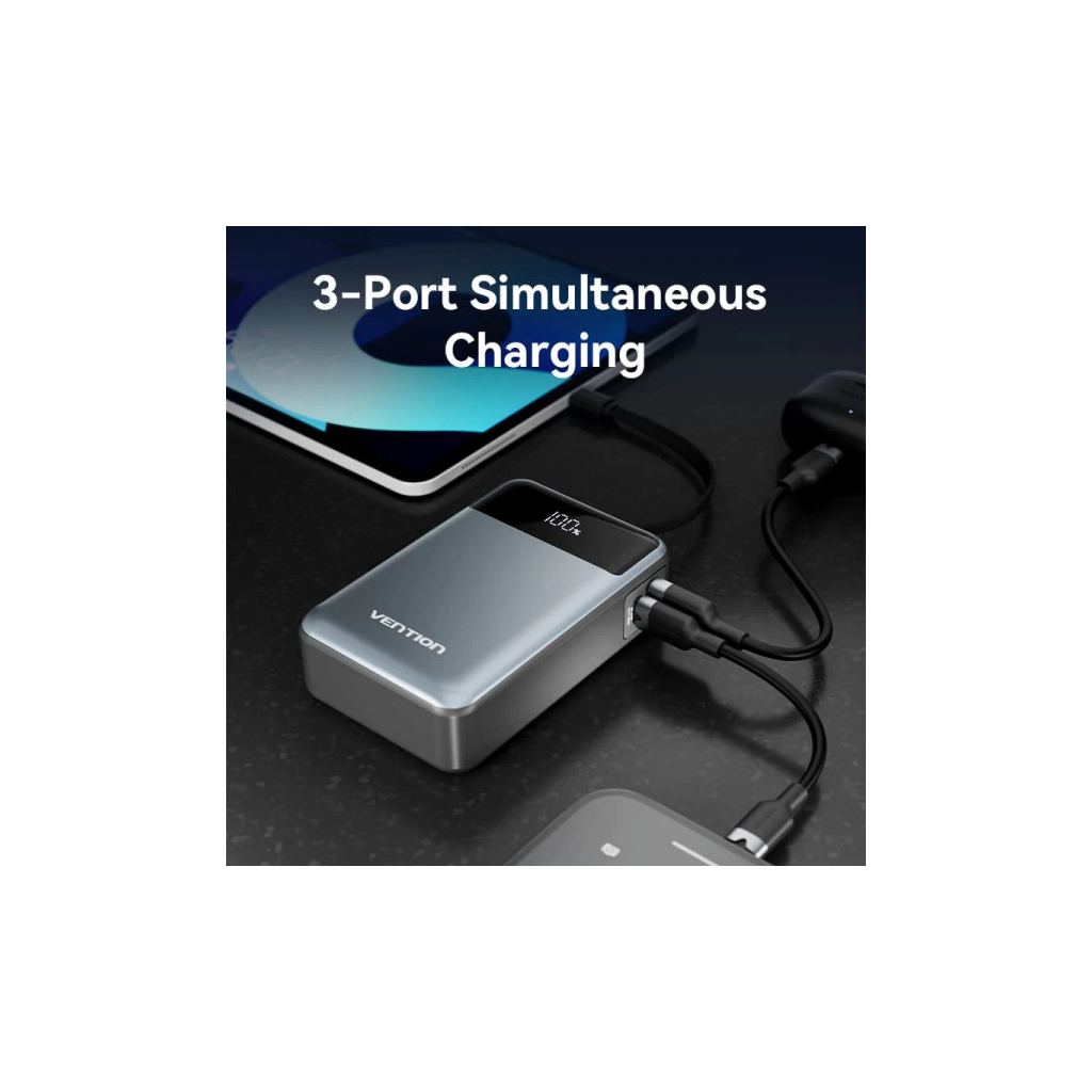 Батарея універсальна Vention 20000mAh 65W 3A PD, QC/3.0, USB-A, Type-C OUT, with Built-in USB-C Cable, LED Display (FHYB0) - изображение 7