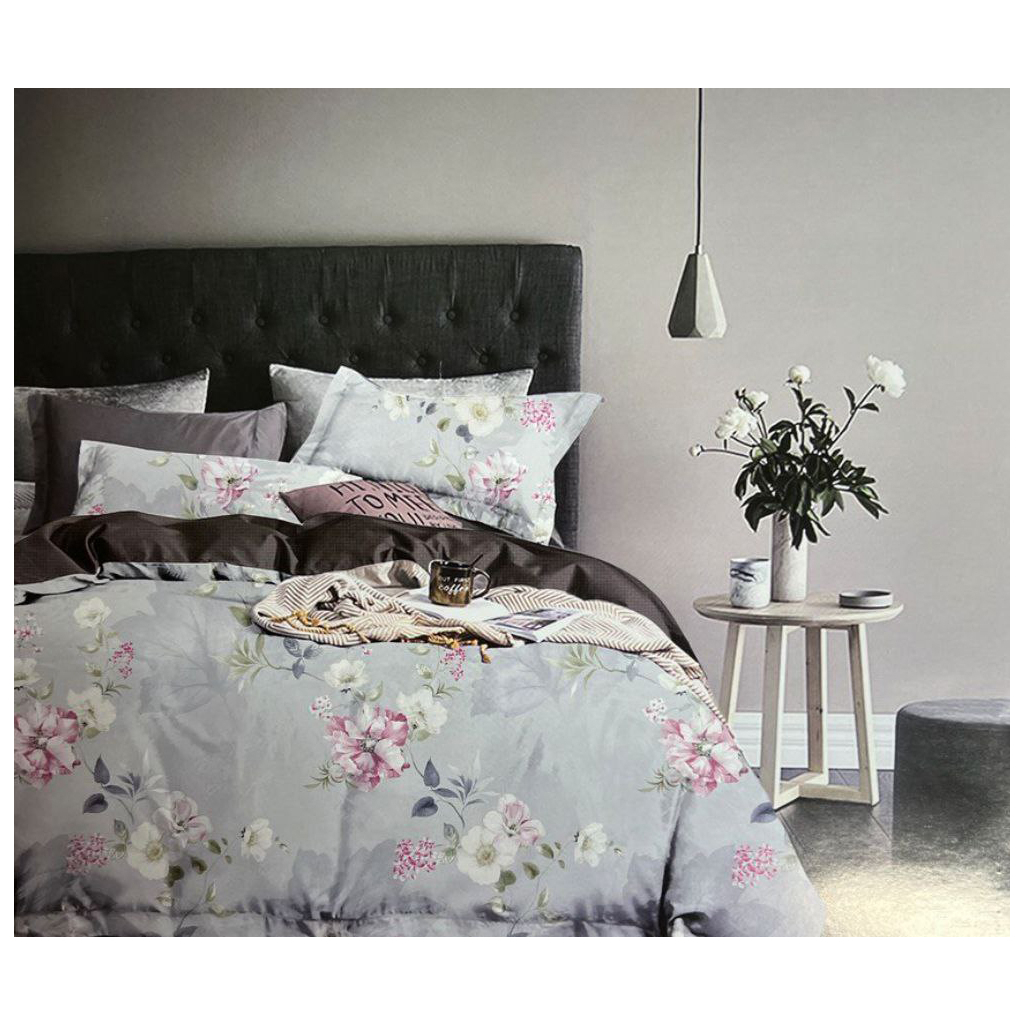 Постільна білизна ШЕМ Royal Satin блакитно-коричнева з квітами євро 220 х 200 (євро RS_блакитно коричнева з квітами) - зображення 1