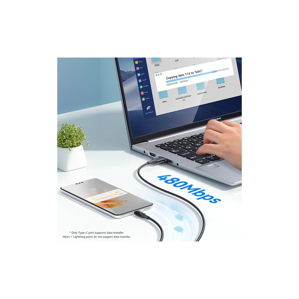 Дата кабель USB 2.0 AM to Lightning + Micro 5P + USB-C 1.2m 100W Essager (EXCMTL-JJ01-P) - зображення 7