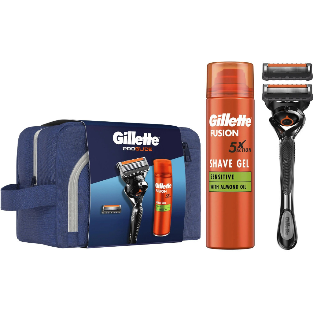 Набір косметики Gillette Бритва Fusion ProGlide з 2 змінними картриджами + Гель для гоління Fusion 200 мл + Косметичка (8700216075459) - зображення 1