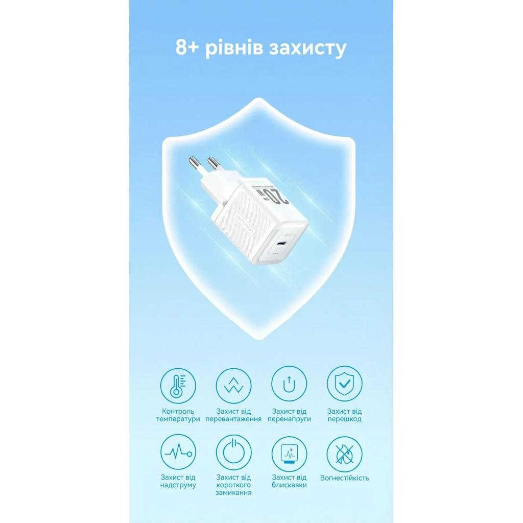 Зарядний пристрій VENTION USB-C PD20W GaN black (FEPB0-EU) - зображення 10