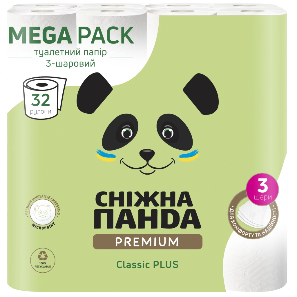 Туалетний папір Сніжна Панда Premium Classic Plus 3 шари 32 рулони (4820183972866) - зображення 1
