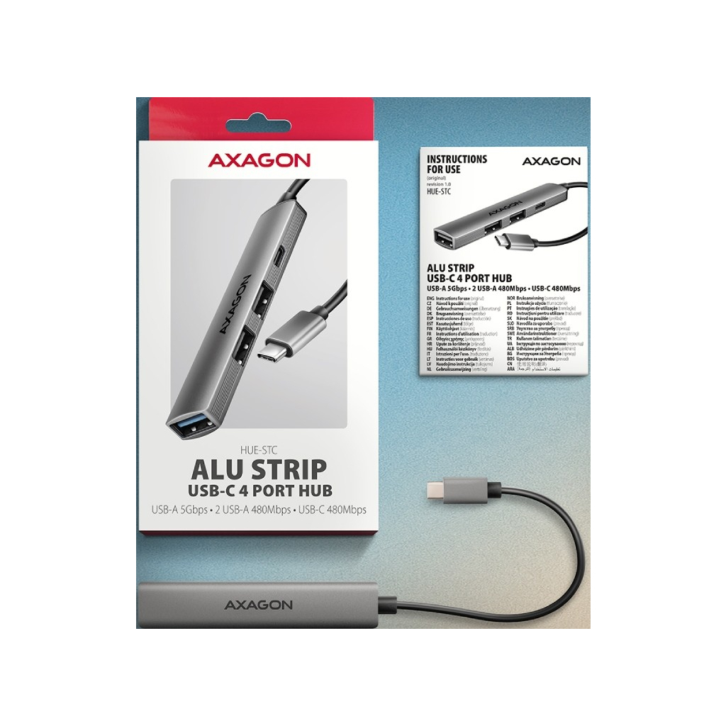 Концентратор AXAGON USB-C to 1xUSB-A 5Gbps + 2xUSB-A 480Mbps + 1xUSB-C 480Mbps 0.12m aluminum (HUE-STC) - зображення 7