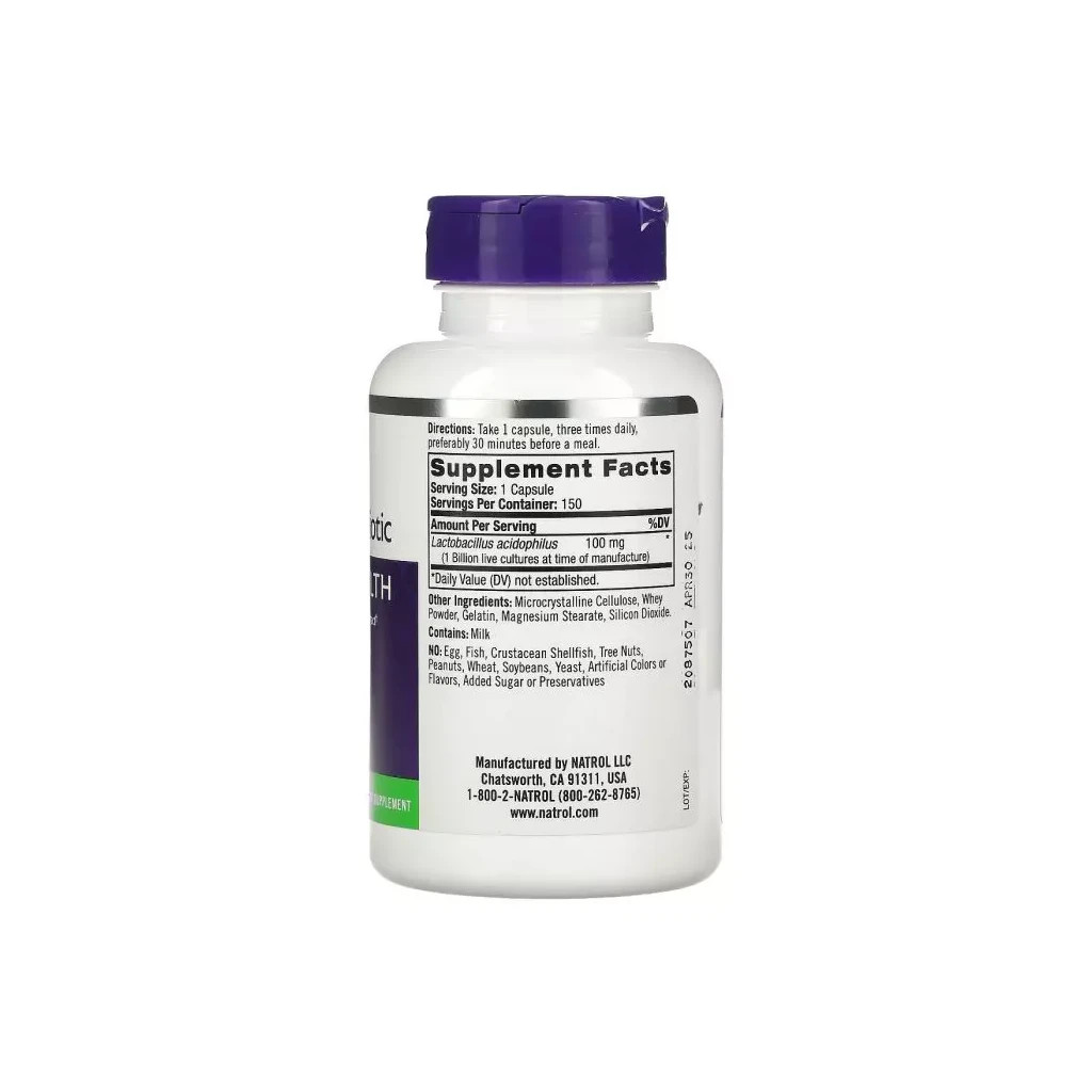 Пробіотики Natrol Пробиотик ацидофилус, 1 миллиард, Acidophilus Probiotic, 150 капсу (NTL-16108) - зображення 2
