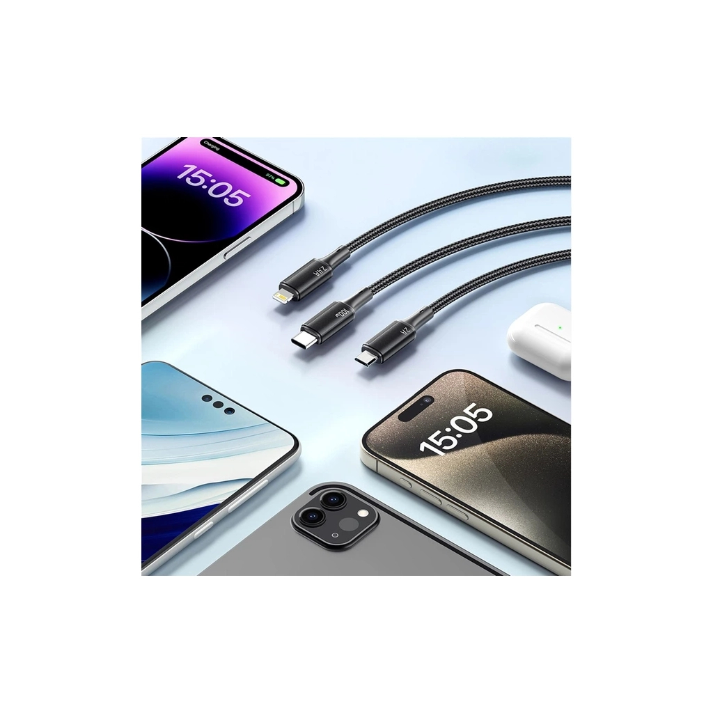 Дата кабель USB 2.0 AM to Lightning + Micro 5P + USB-C 1.2m 100W Essager (EXCMTL-JJ01-P) - зображення 4