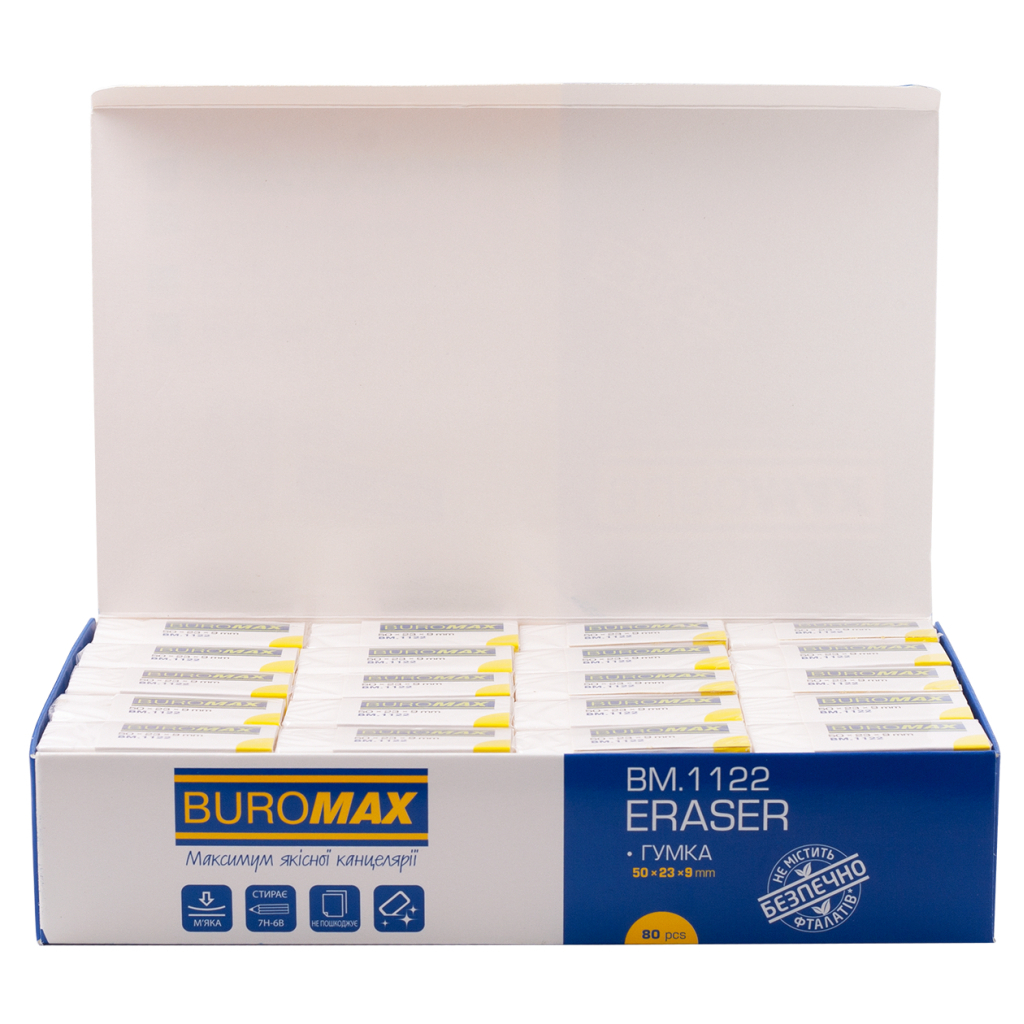Гумка Buromax прямокутна, 50x23x9 мм, м'який пластик, в інд. папер. обгортці, біла (BM.1122) - изображение 2