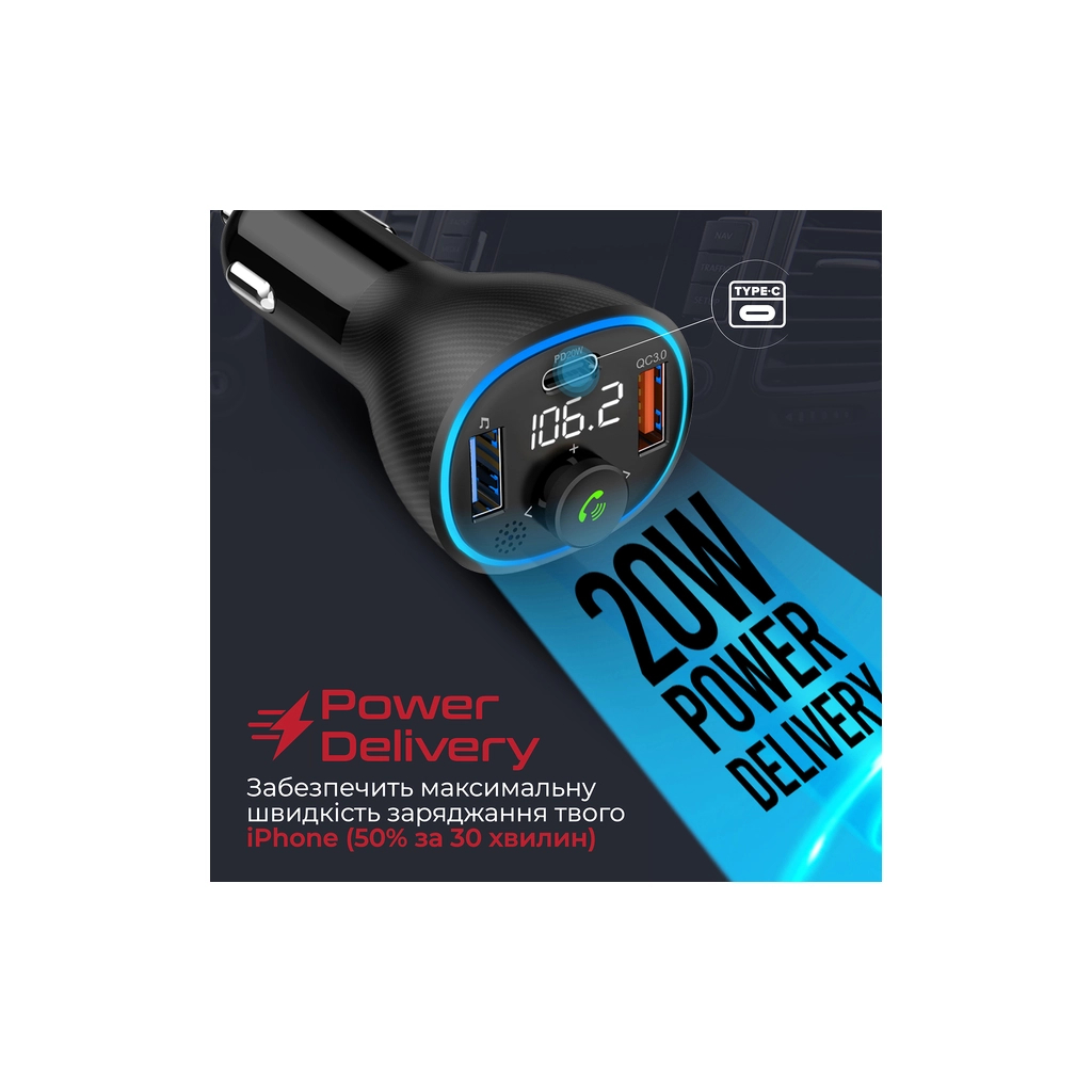 FM модулятор Promate PowerTune 38w USB-A OTG/USB-A QC3.0/USB-C PD Black (powertune-38w.black) - изображение 6