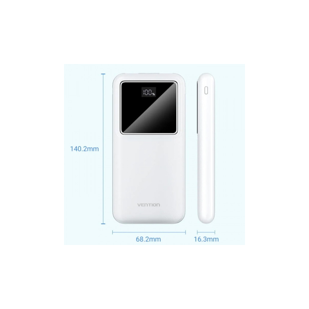 Батарея універсальна Vention 10000mAh 22.5W 3A PD, QC/3.0, LED Display, White (FHKW0) - изображение 5