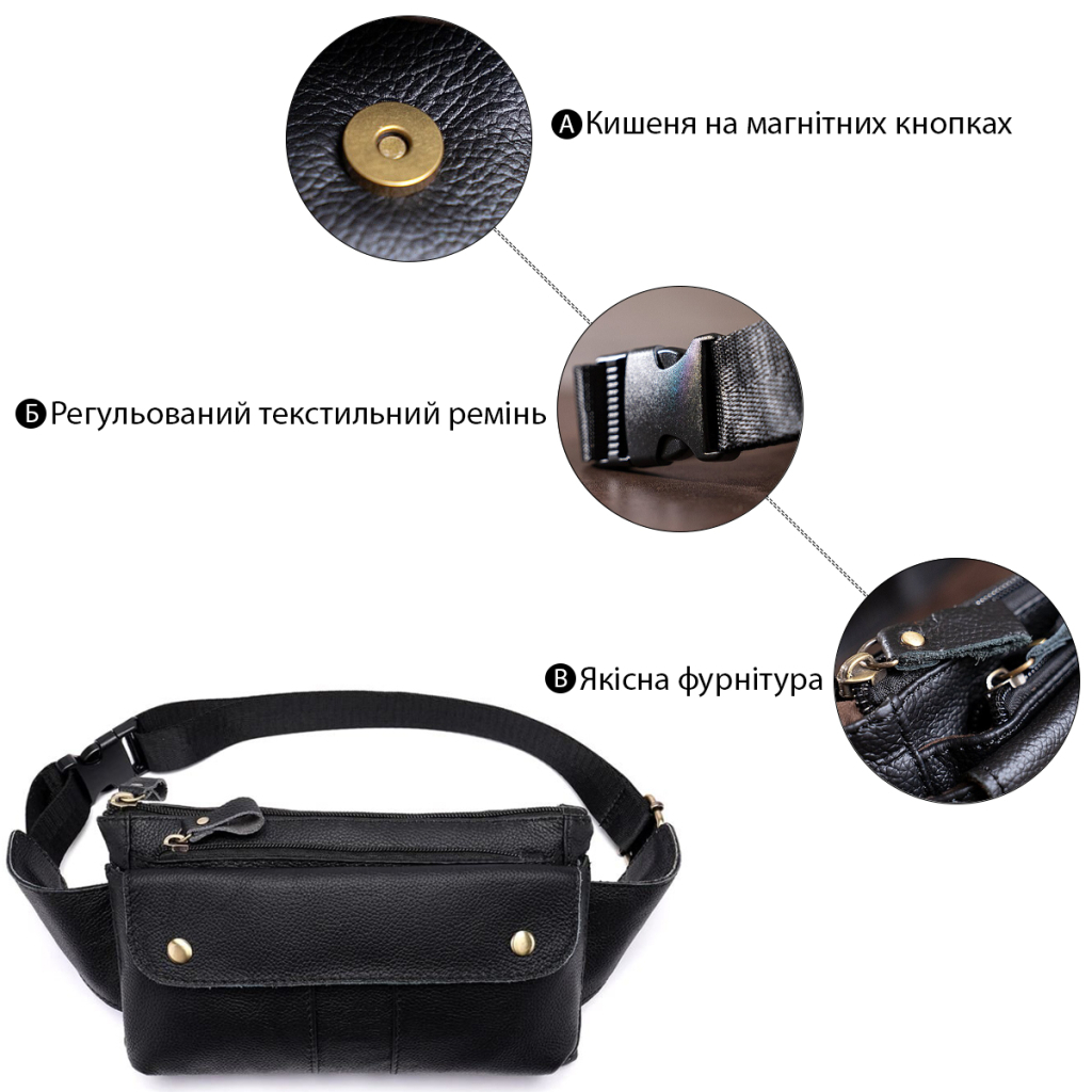 Сумка Vintage Бананка зі шкіри Чорна (14809) - зображення 4