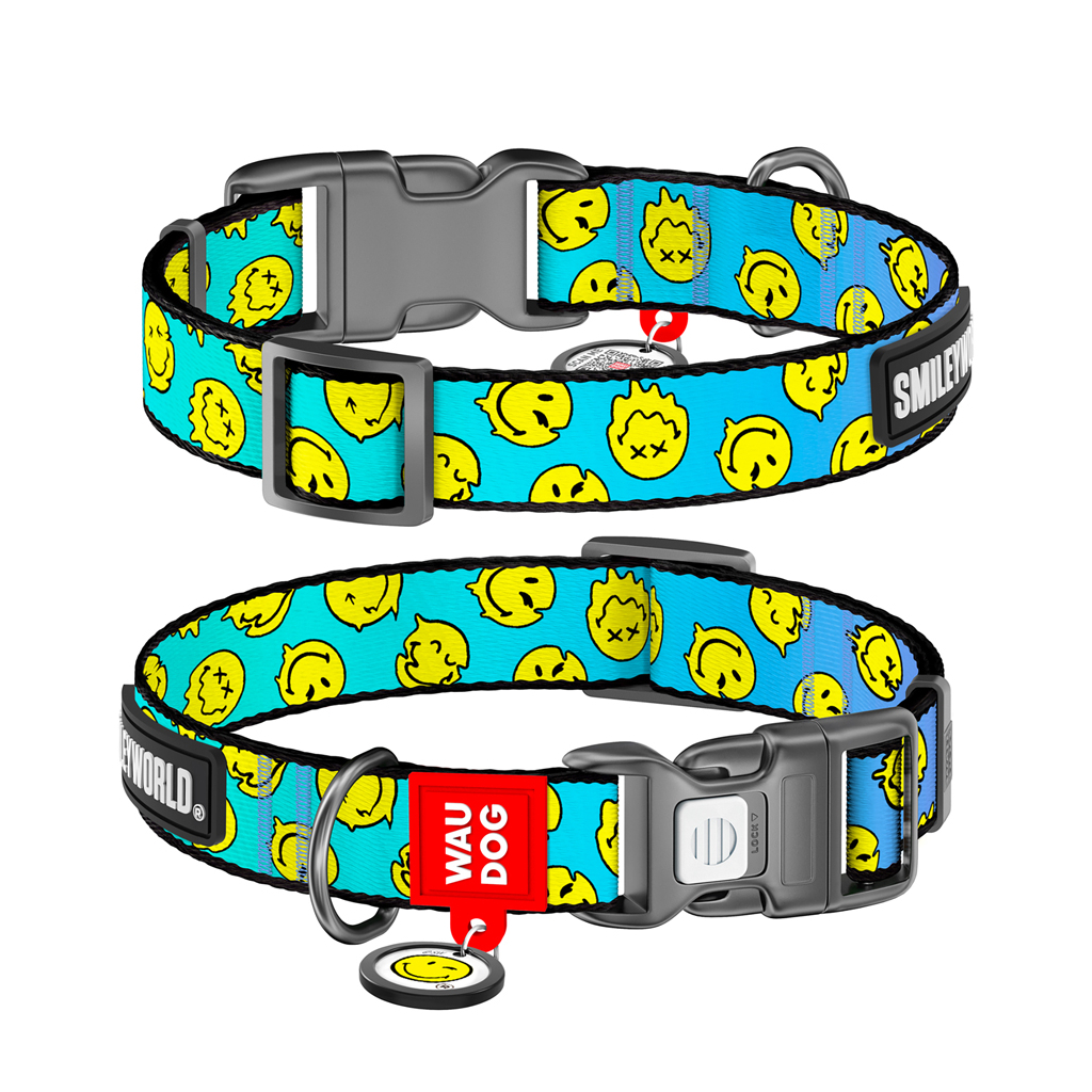 Нашийник для тварин WAUDOG Nylon з QR-паспортом "Смайли на блакитному", пластиковий фастекс XL (283-0182) - зображення 1