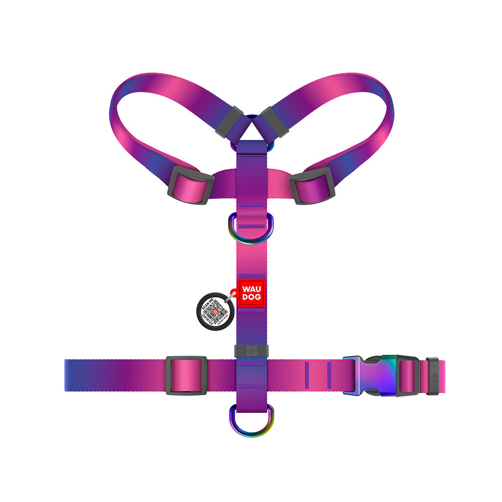 Шлея для собак WAUDOG Nylon Recycled анатомічна H-подібна з QR-паспортом, градієнт L фіолетова (46549) - зображення 2