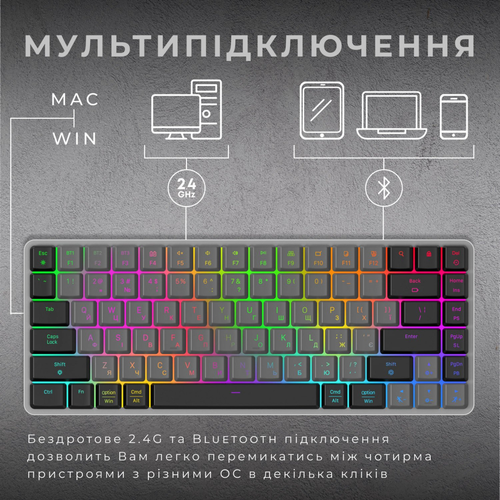 Клавіатура GamePro MK230R Red Swich Low Profile RGB Wireless/Bluetooth/USB Dark Gray (MK230R) - зображення 4