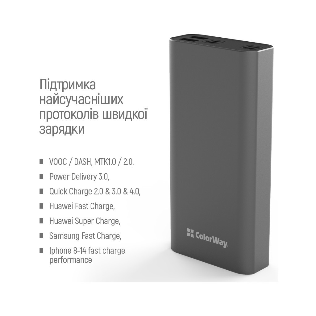 Батарея універсальна ColorWay 20 000 mAh PD/20W, QC/3.0, USB-C/Micro-USB/Lightning/USB-A max.22.5W Gray (CW-PB200LPH3GR-PDD) - зображення 7