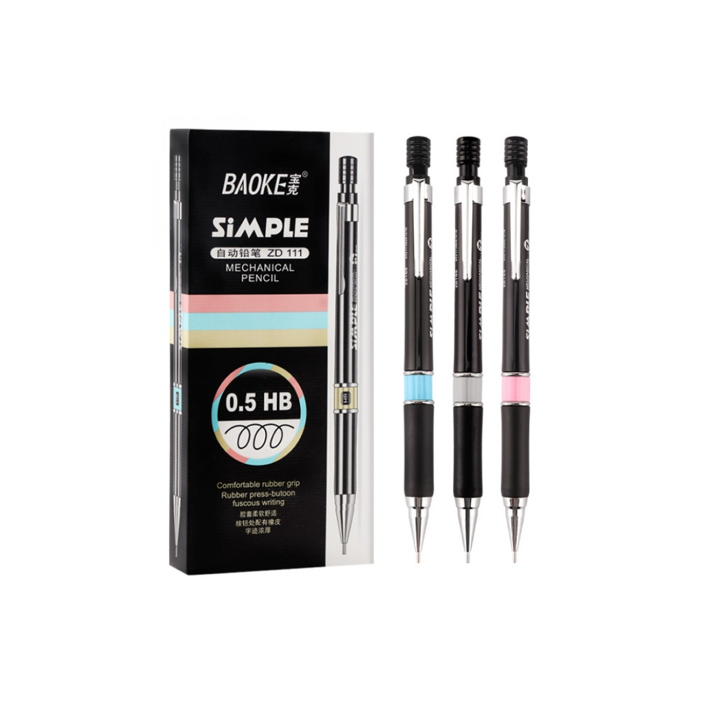 Олівець механічний Baoke НВ 0,5 мм, з грипом, з ластиком, чорний (PENCIL-BAO-ZD111) - зображення 1