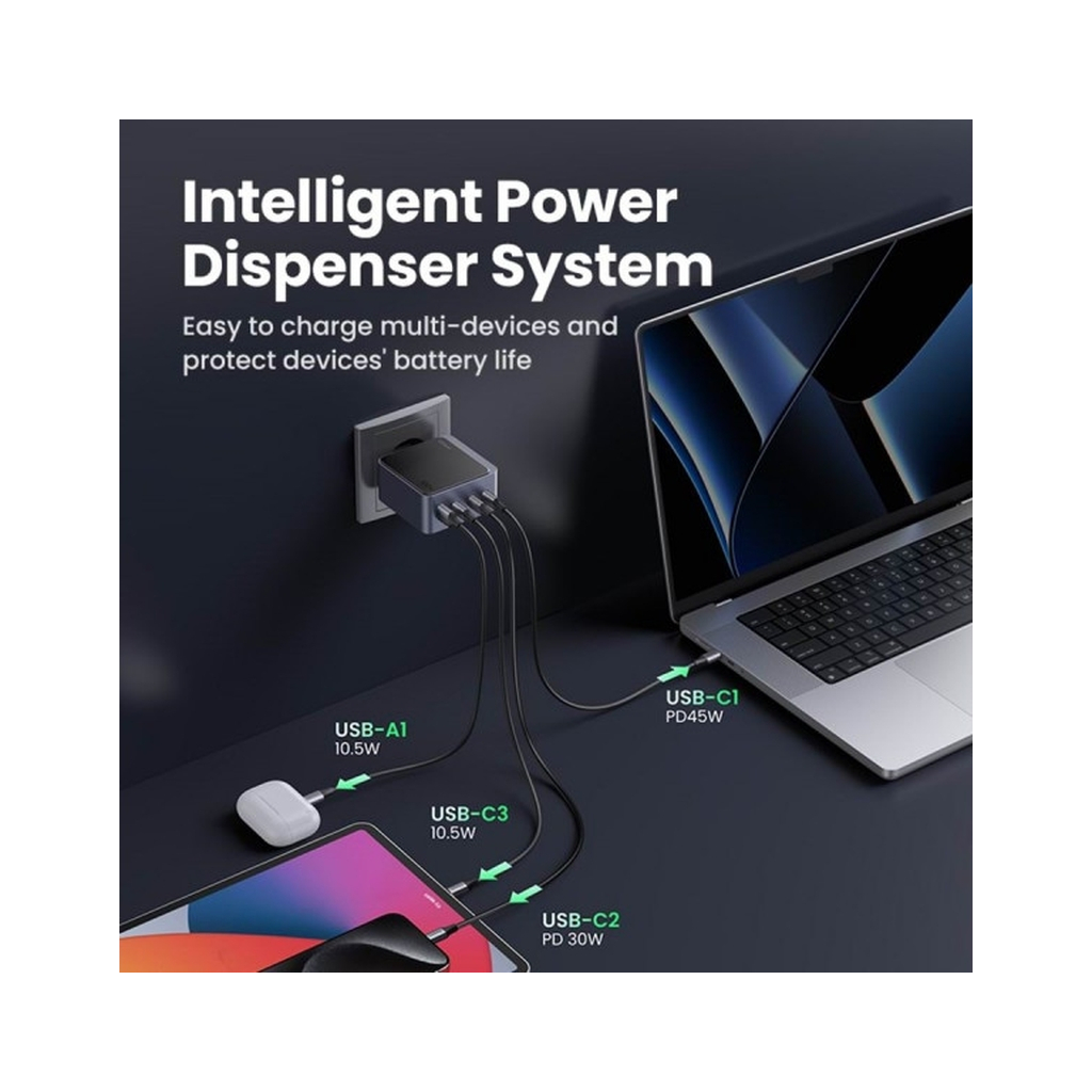 Зарядний пристрій Ugreen 4xUSB 100W (3xUSB-C+USB-A) Gan Nexode Fast Charger Grey X565 (35043) - зображення 4