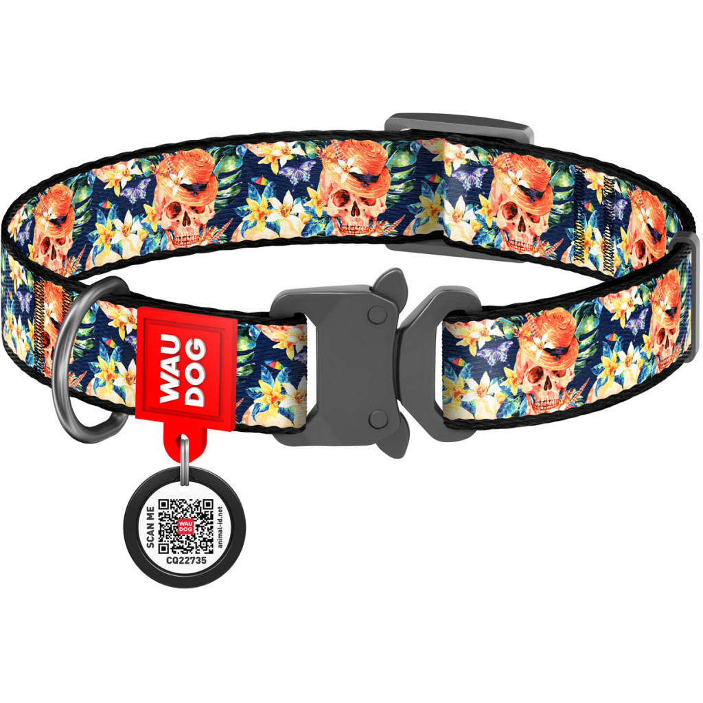 Нашийник для тварин WAUDOG Nylon з QR паспортом "Гламурні черепа" металічна пряжка-фастекс XXL (4535-0052) - зображення 1