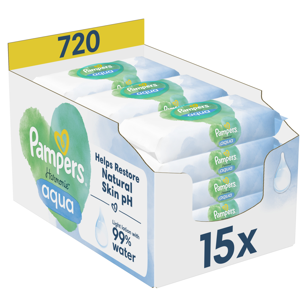 Дитячі вологі серветки Pampers Harmonie Aqua 15 пачок x 48 шт (8006540510247) - зображення 1