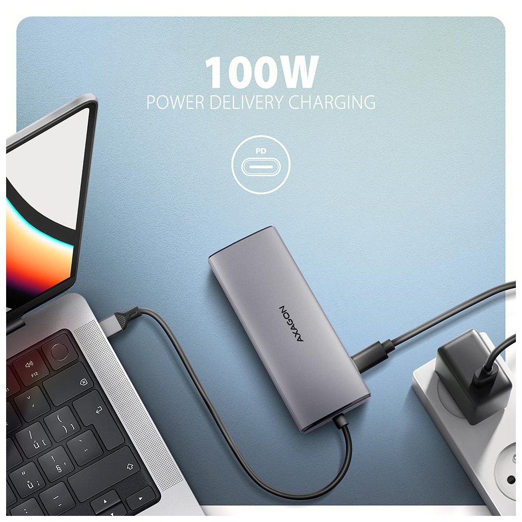Концентратор AXAGON USB-C to 2xUSB-A + 1xUSB-C + HDMI + RJ45 + PD100W 0.15m gray (HMC-6G2L) - зображення 5