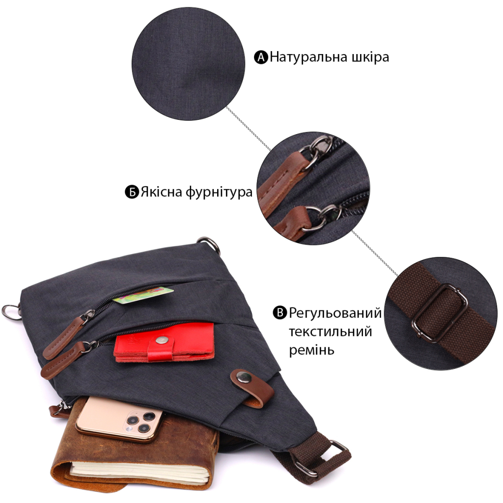 Сумка Vintage Через плече для чоловіків з текстилю Чорна (22196) - зображення 4