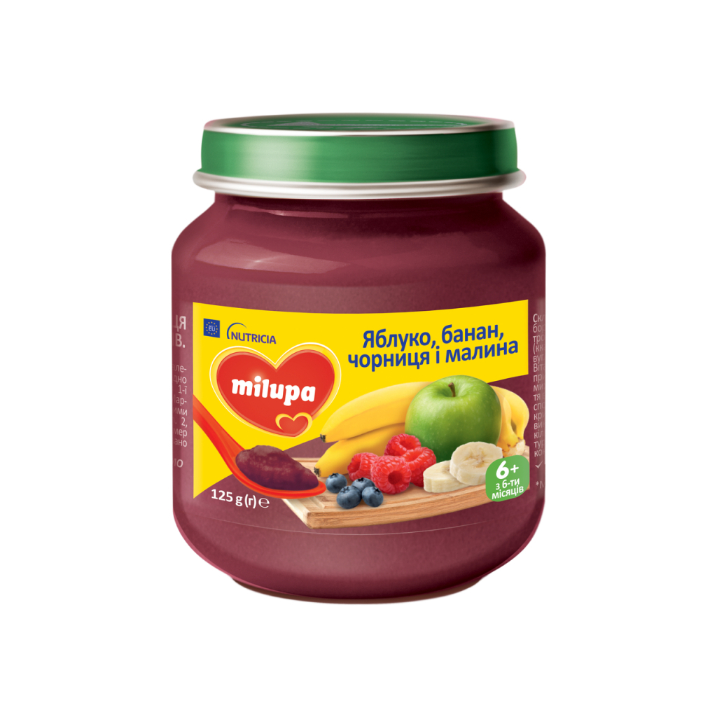 Дитяче пюре Milupa Яблуко-банан-чорниця-малина з 4 місяців 125 г (5900852051470) - изображение 1