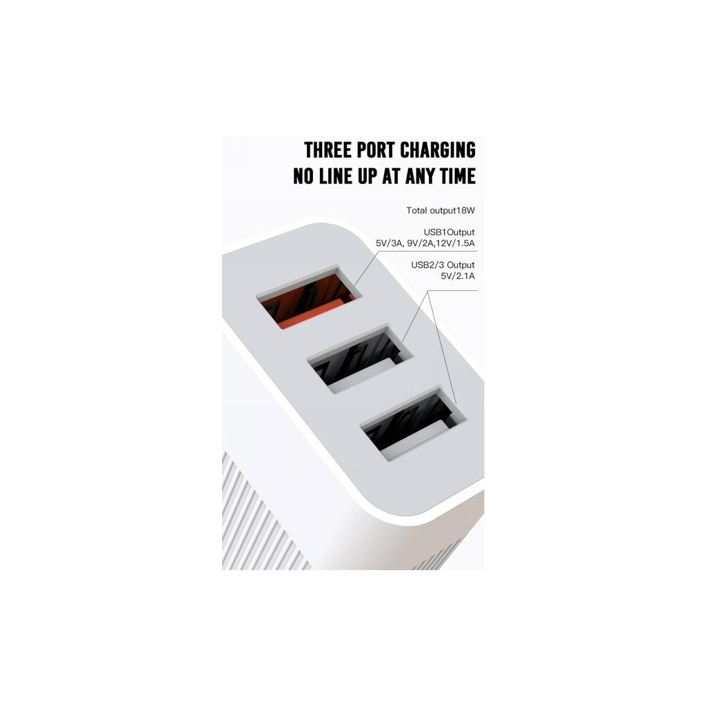 Зарядний пристрій XO USB L72 (3A, QC3.0, 3 Usb) + cable Micro USB White (XO-L72-BK) - зображення 3