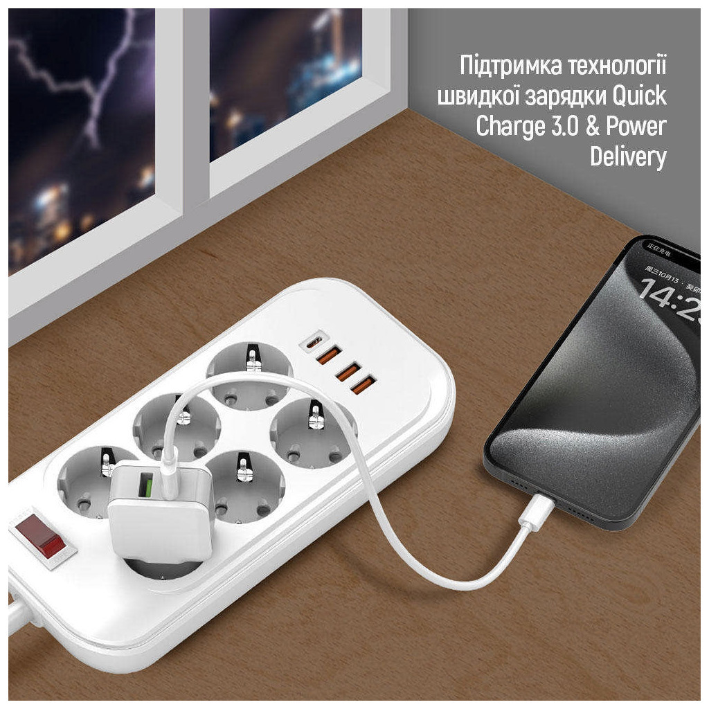 Мережевий фільтр живлення ColorWay CW-CHE64PDW, 6 розеток/4USB 2M (CW-CHE64PDW) - зображення 7