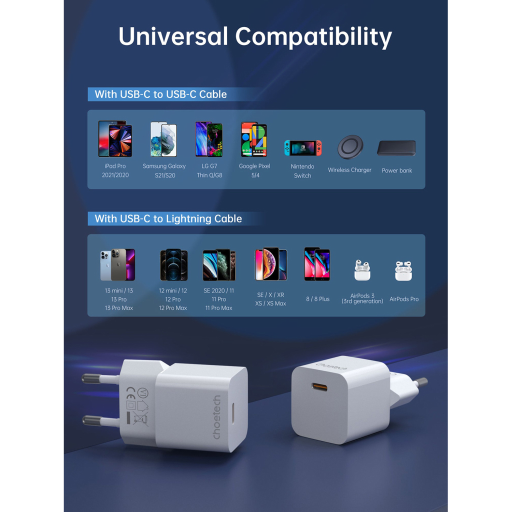 Зарядний пристрій Choetech GaN USB-C 20W QC3.0/PD/PPS (PD5010-EU-WH) - зображення 7