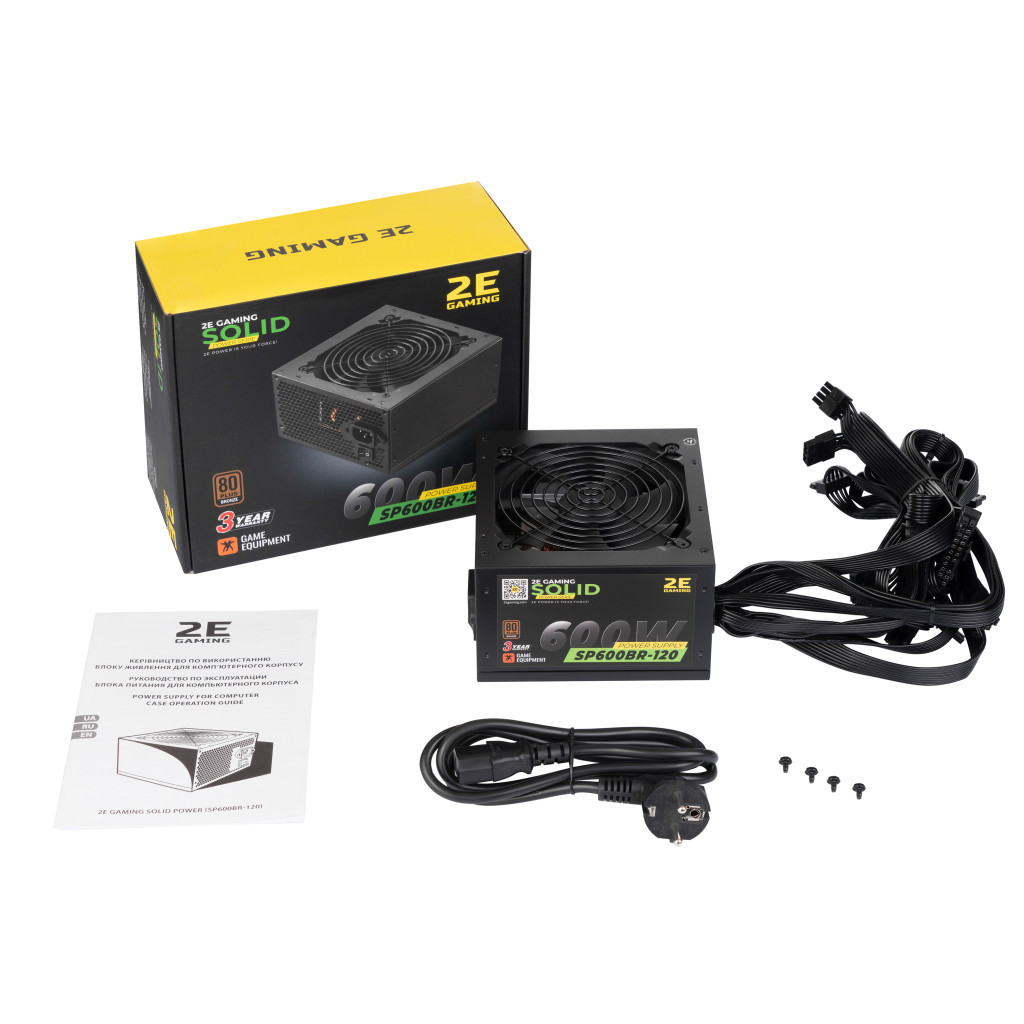 Блок живлення 2E GAMING SOLID POWER (600W), >85, 80+ Bronze, 120mm, 1xMB 24pin(20+4), 1xCPU 8pin(4+4), 3xMolex, (2E-SP600BR-120) - зображення 9