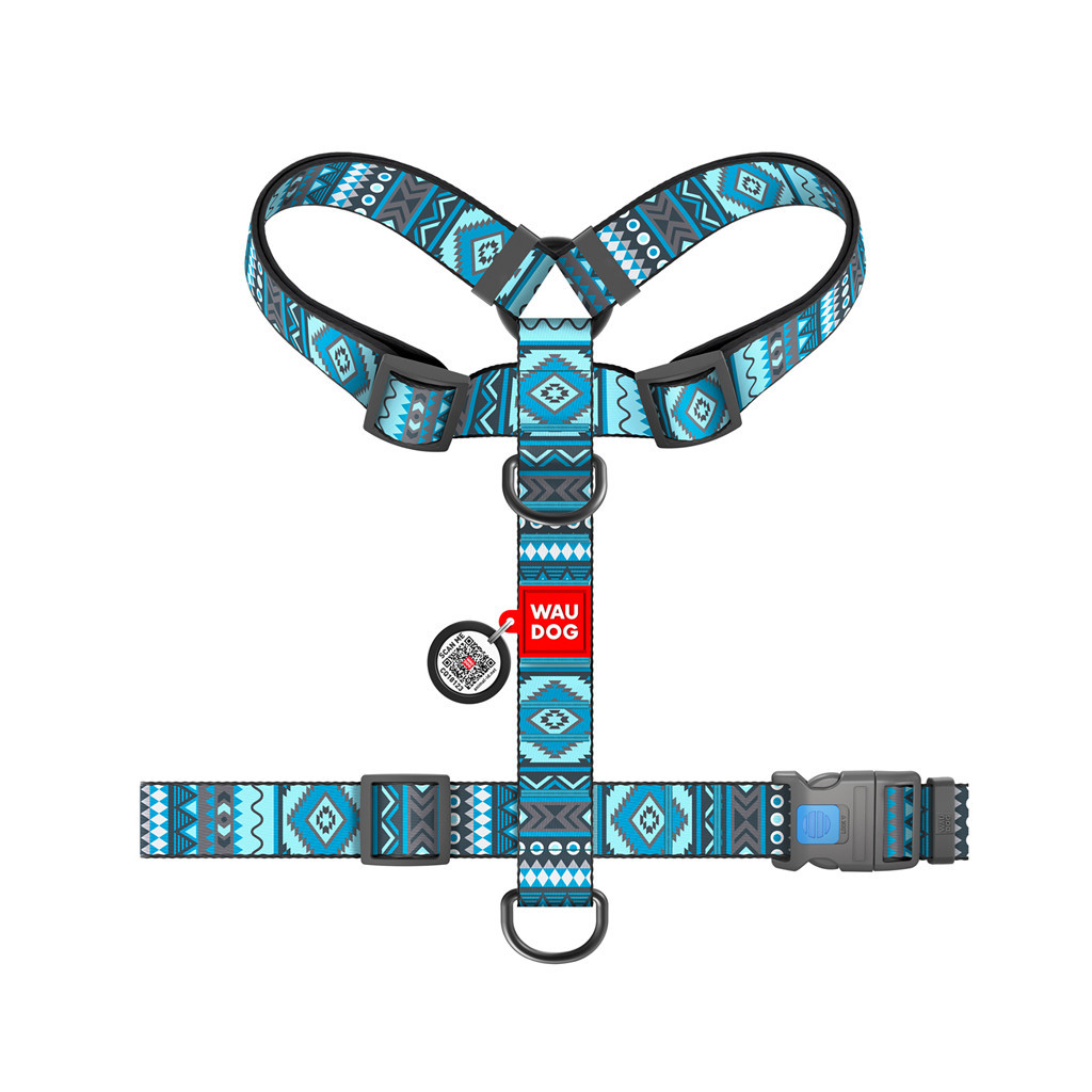 Шлея для собак WAUDOG Nylon анатомічна H-подібна з QR-паспортом "Етно синій" пластиковий фастекс XL (323-0131) - изображение 2