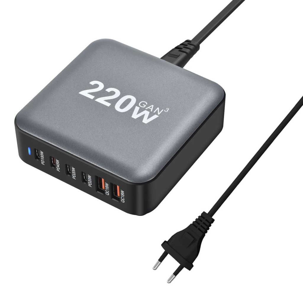 Зарядний пристрій XoKo 1xUSB-С PD100W + 1xUSB-С PD45W + 2xUSB-С PD20W + 2xUSB QC18W 220W GaN (QC-220) - зображення 3