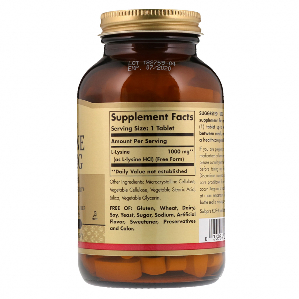 Амінокислота Solgar Лізин 1000 мг, L-Lysine, 100 таблеток (SOL-01701) - зображення 2