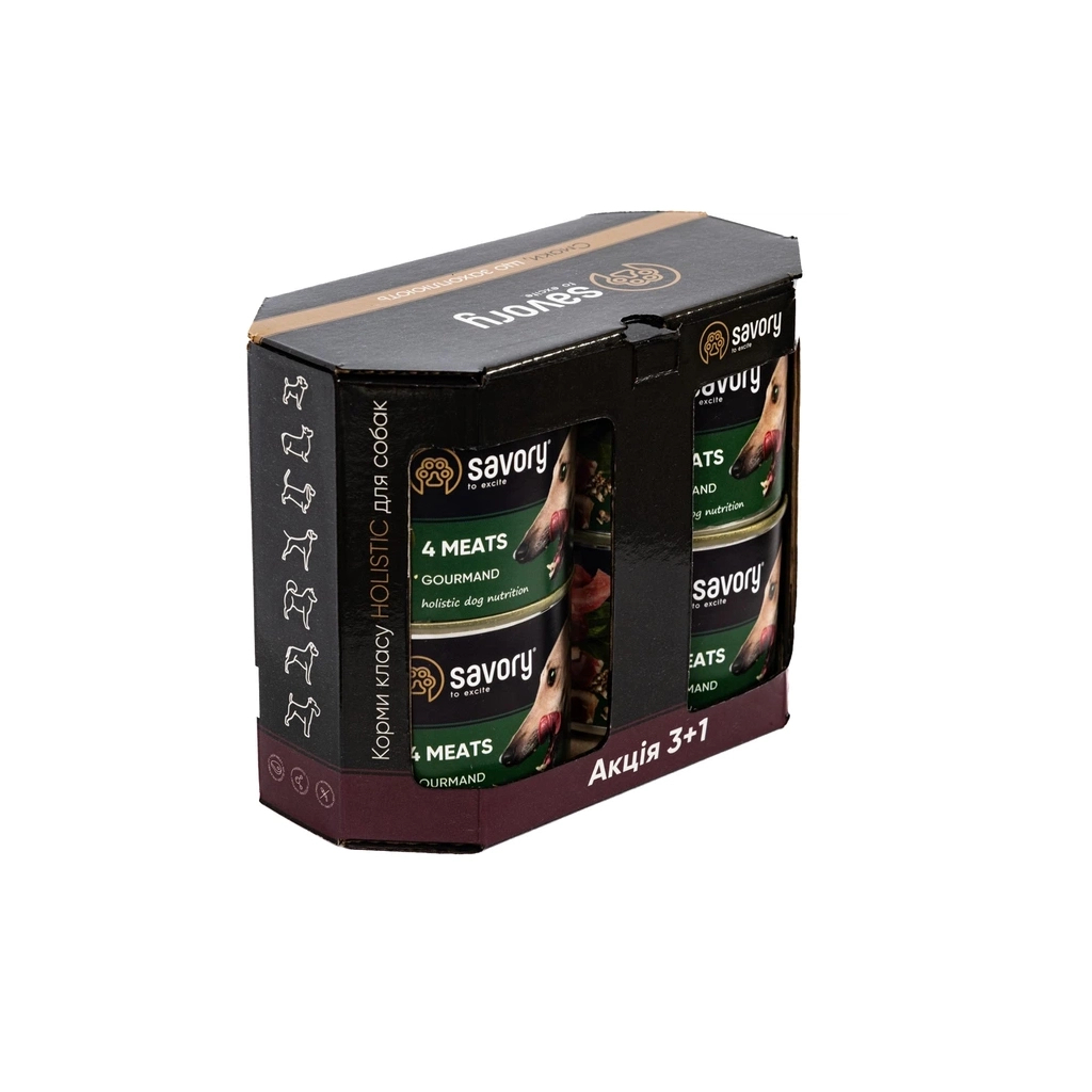 Консерви для собак Savory Gourmand "3+1" чотирма видами м'яса 4 шт х 200 г (2700000032695) - зображення 5
