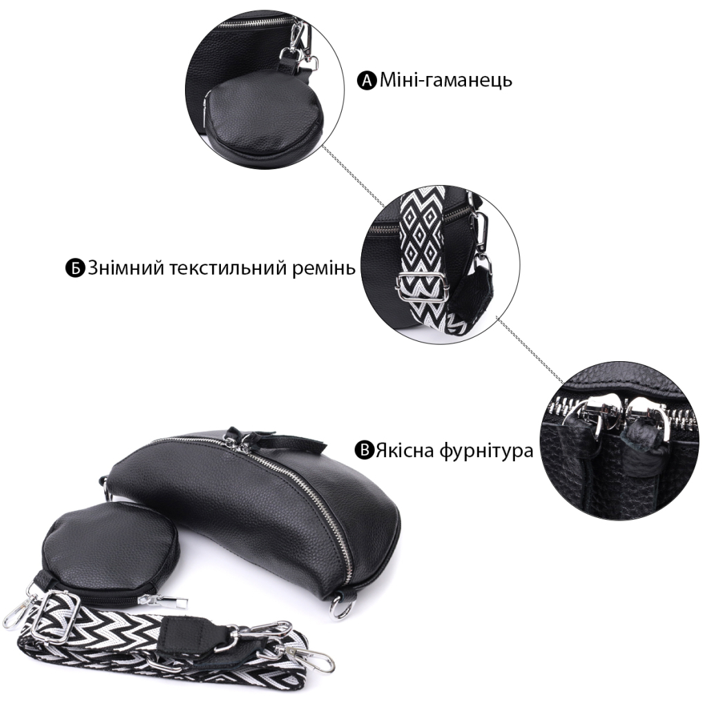 Сумка Vintage Шкіряна жіноча через плече з міні гаманцем Чорна (22666) - зображення 4