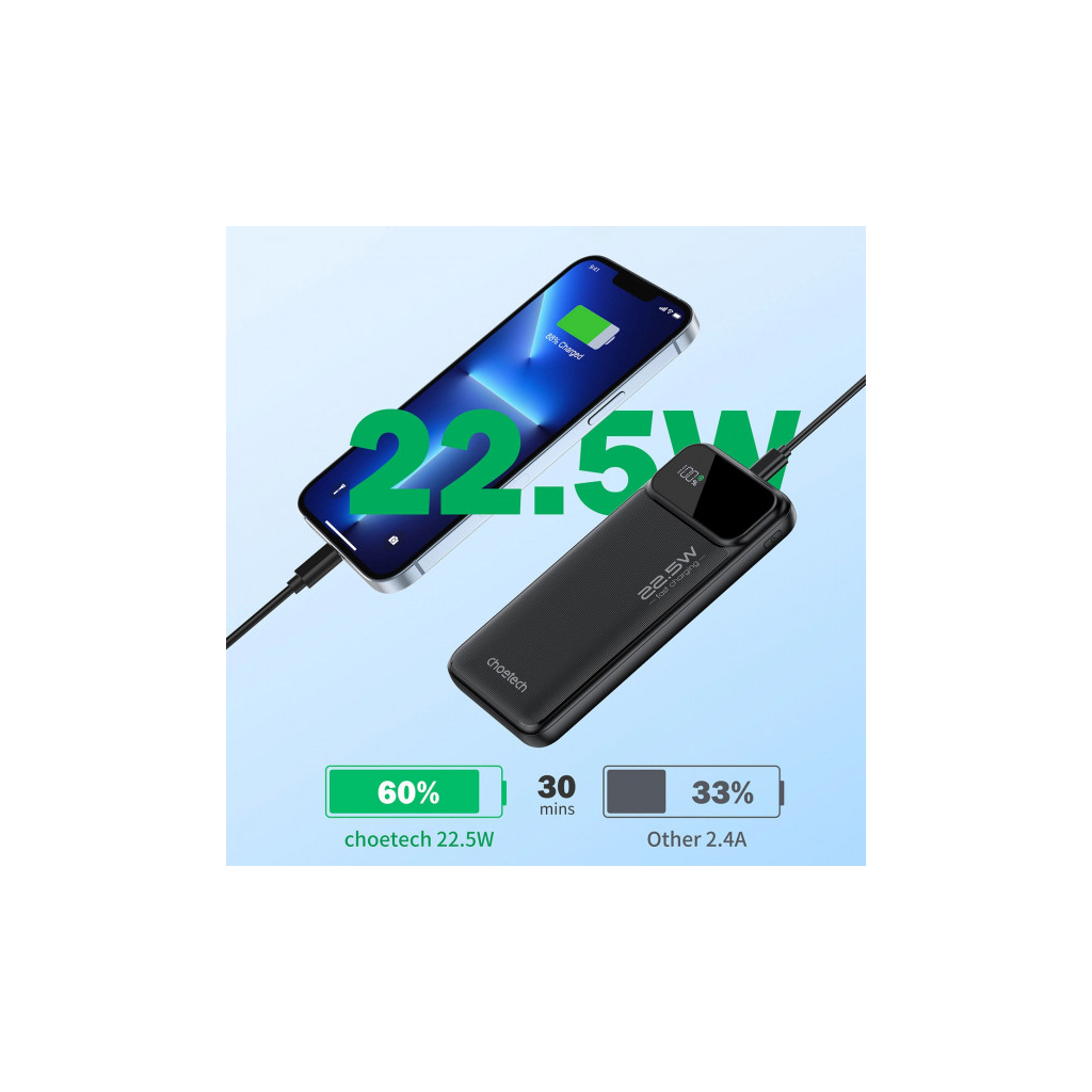 Батарея універсальна Choetech 10000mAh 22.5W, PD, QC/3.0, USB-A, USB-C, Black (B728-CCBK) - зображення 5