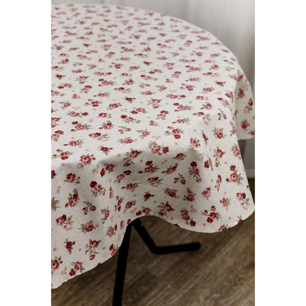 Скатертина Прованс непромокаюча Simfoni Червоні трояндочки на натюрель D-136 см (033609) - зображення 1