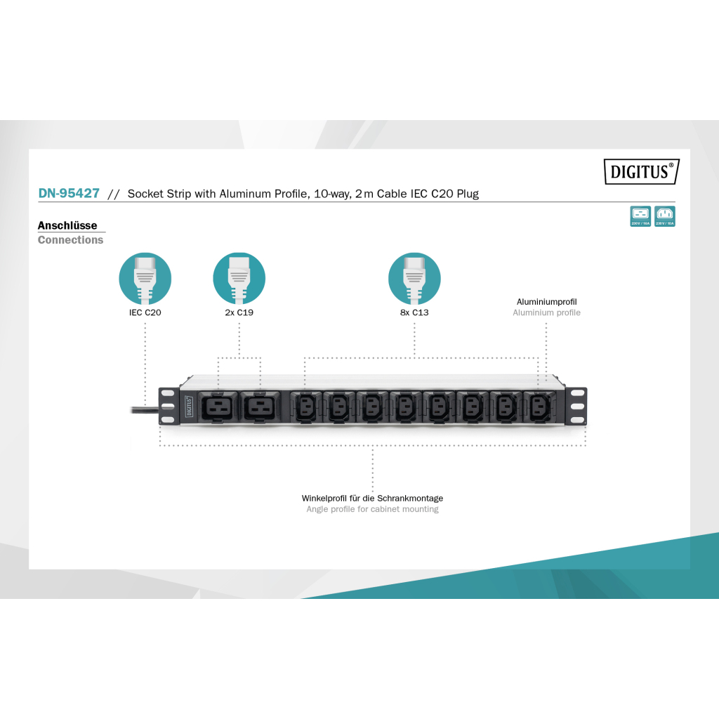 Силовий блок 19" 1U w/PDU 8xC13, 2xC19, 16A, 250V, вилка C20 Digitus (DN-95427) - picture 3