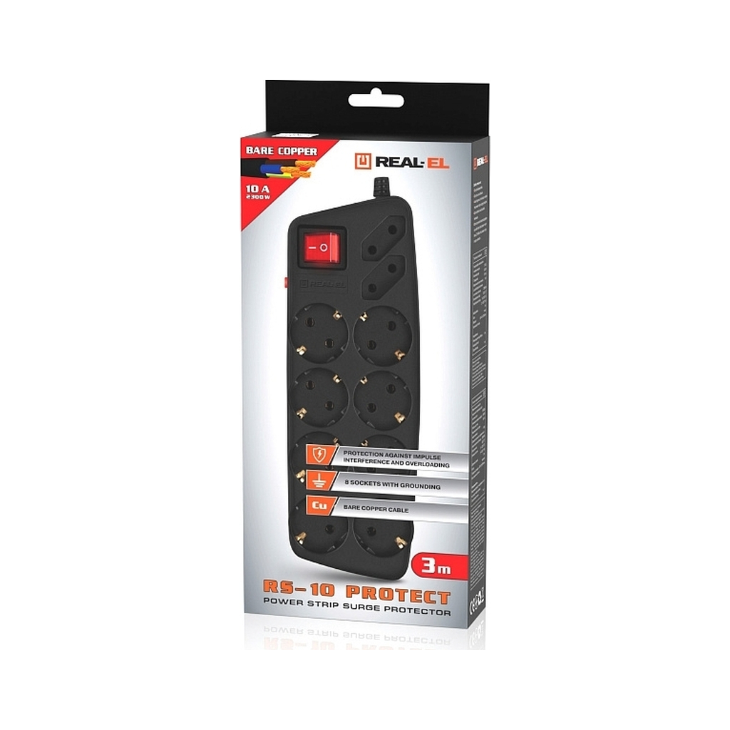 Мережевий фільтр живлення REAL-EL REAL-EL RS-10 Protect, 3m, black (EL122300039) - зображення 8