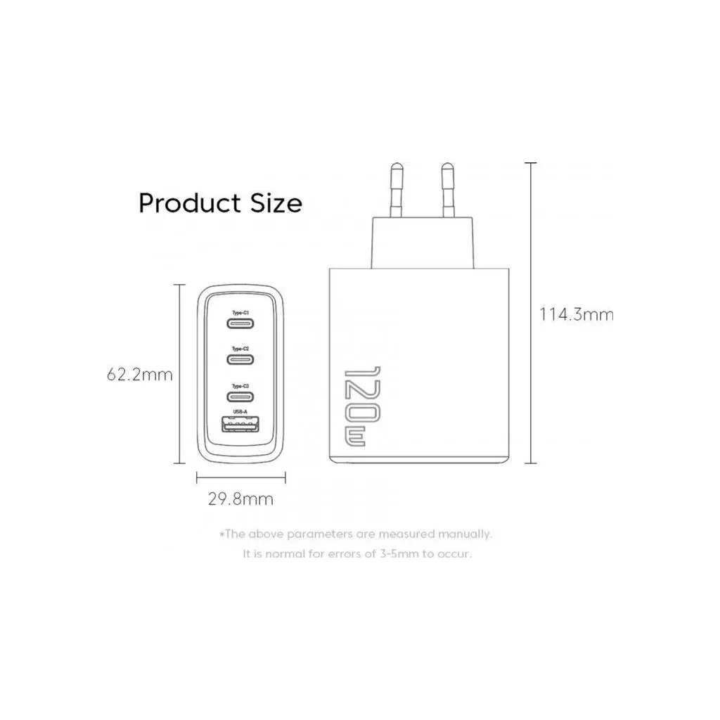 Зарядний пристрій Essager 3xUSB-C + 1xUSB 120W GaN (ECT3CA-JZB01-Z) - зображення 7