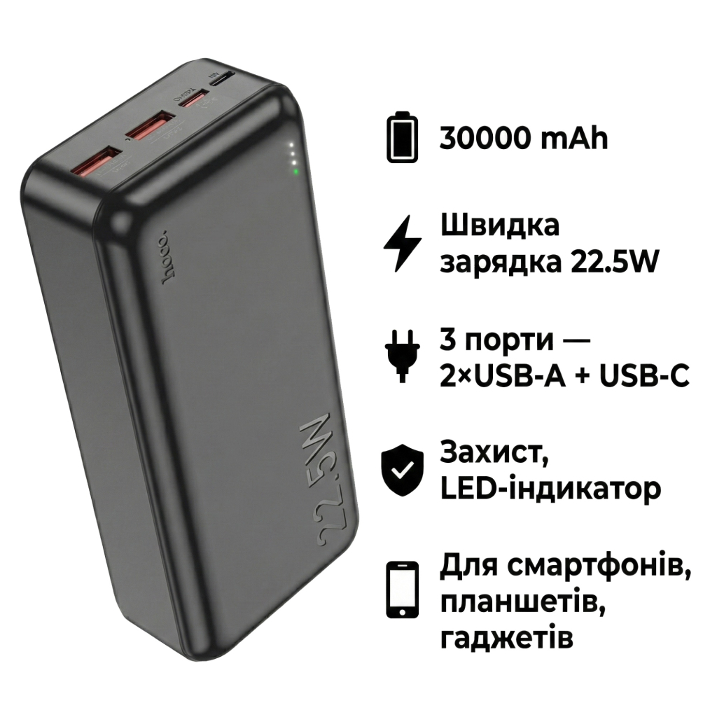 Батарея універсальна HOCO 30000mAh Astute 22.5W PD QC Black (J101B / 714732) - зображення 4