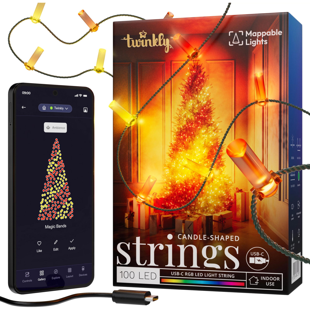 Гірлянда Twinkly Smart LED Strings USB 100 Candle-shaped RGB LEDs, Green Wire, USB-C, 6м (TWKC100RGB-G) - зображення 1