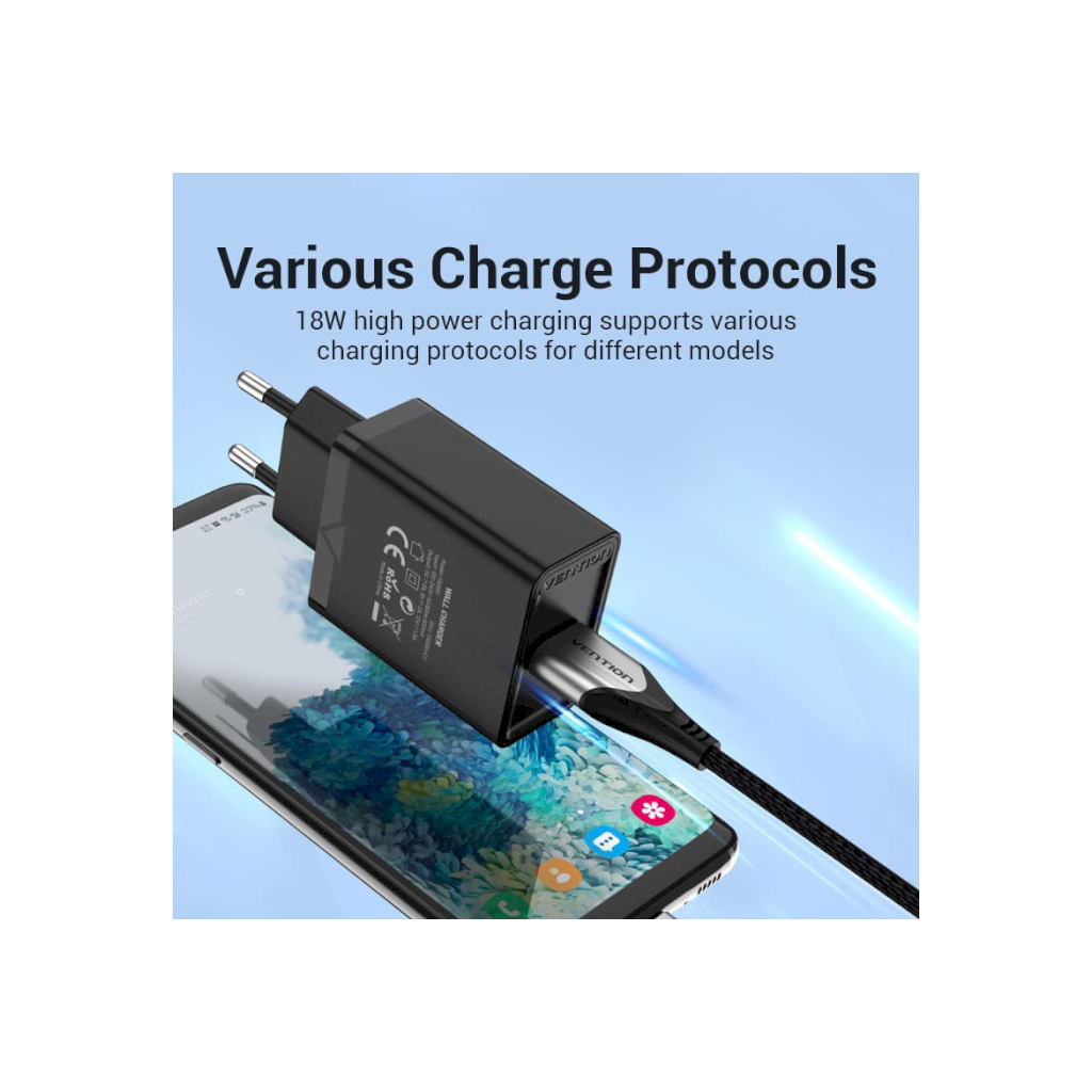 Зарядний пристрій Vention 1xUSB 18W (USB-A) QC3.0 black (FABB0-EU) - зображення 5
