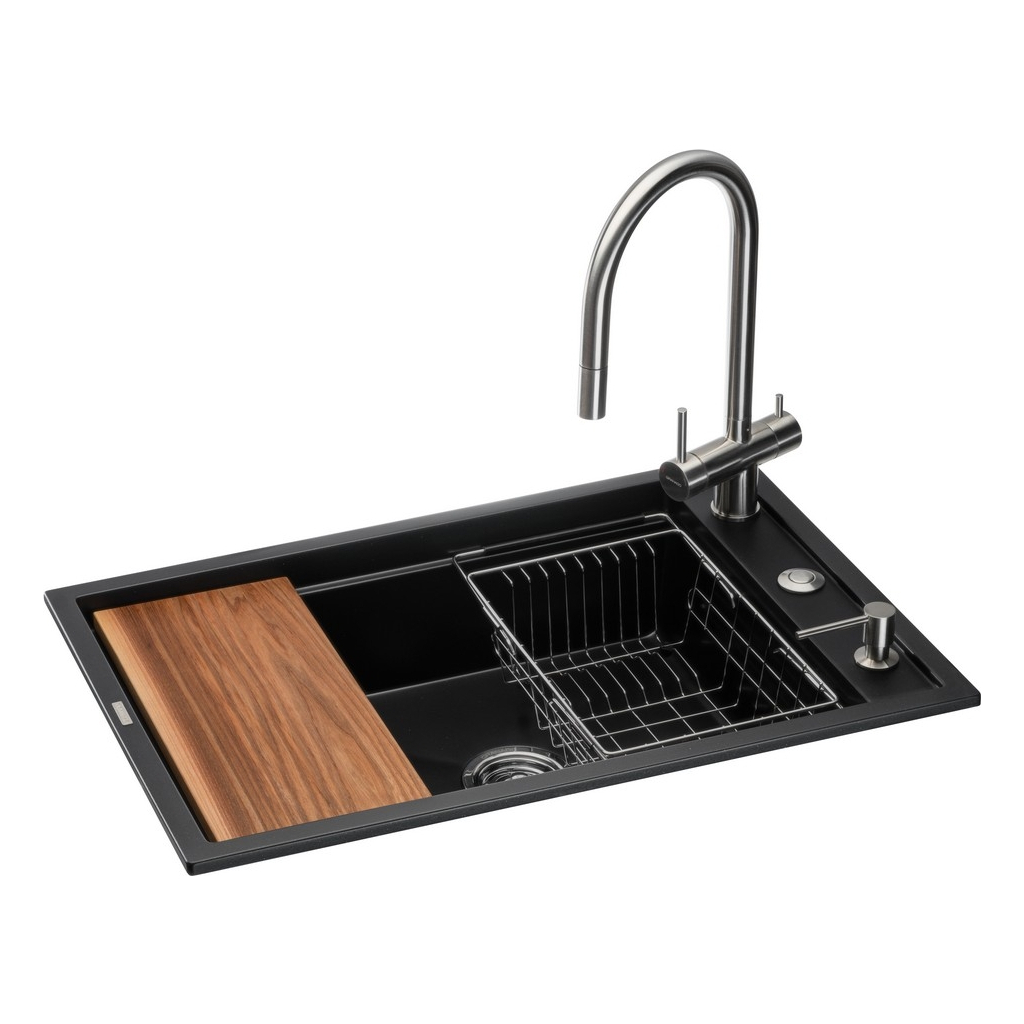 Мийка кухонна GRANADO Royal Artes black shine (+ подрібнювач Algar 1000 + змішувач Ferrol inox + дозатор Redondo inox (ksg1301) - зображення 1