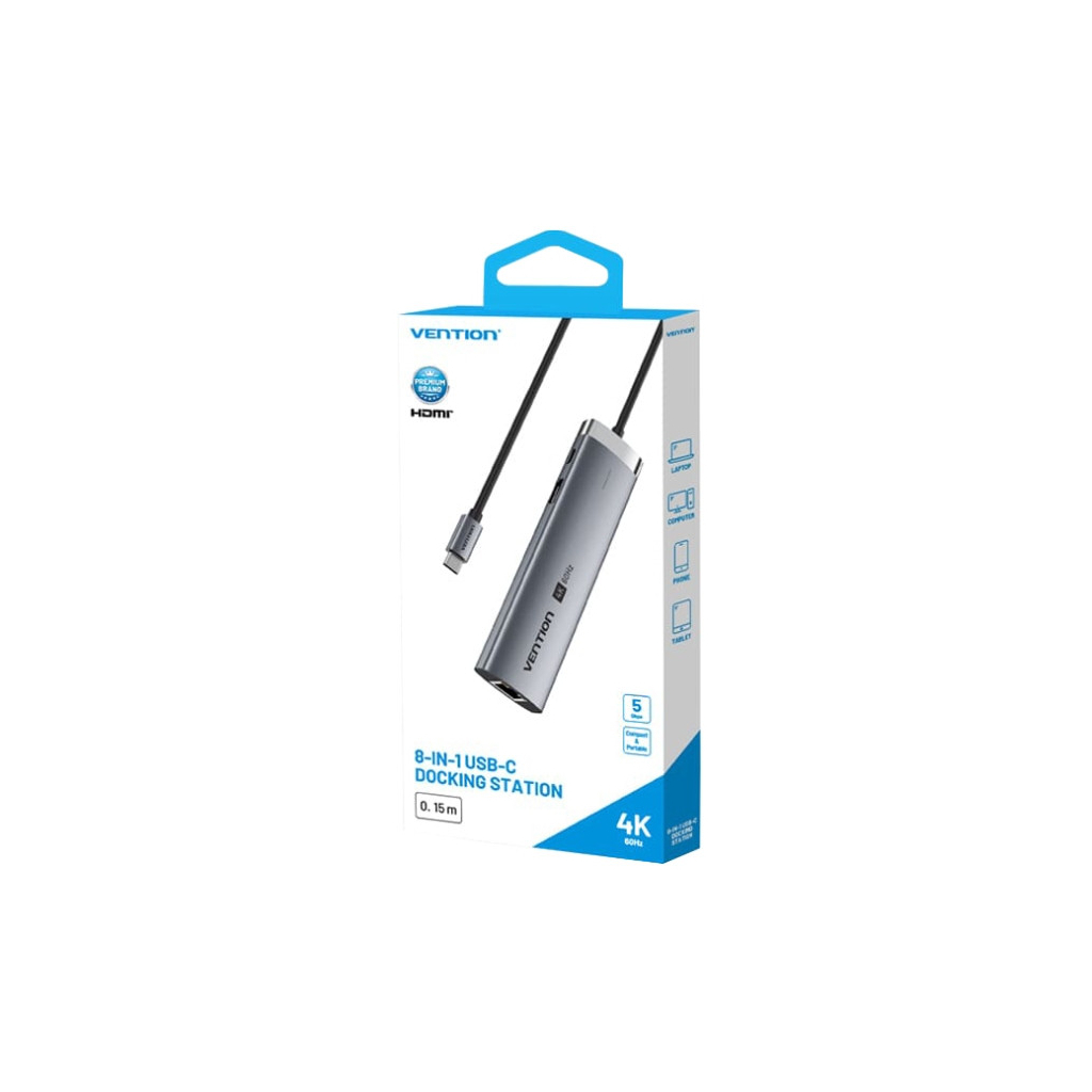 Концентратор VENTION USB-C 8-in-1 HDMI + USB 3.0 + USB 2.0 + RJ45 + SD/TF + PD 100W (TGUHB) - зображення 3