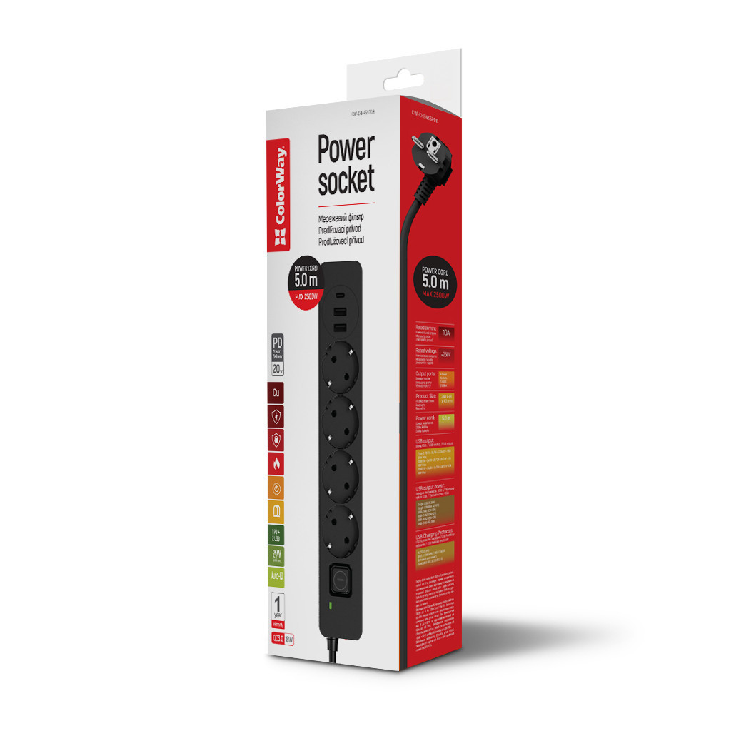 Мережевий фільтр живлення ColorWay 4 розетки/3USB 5M (CW-CHE435PDB) - зображення 5