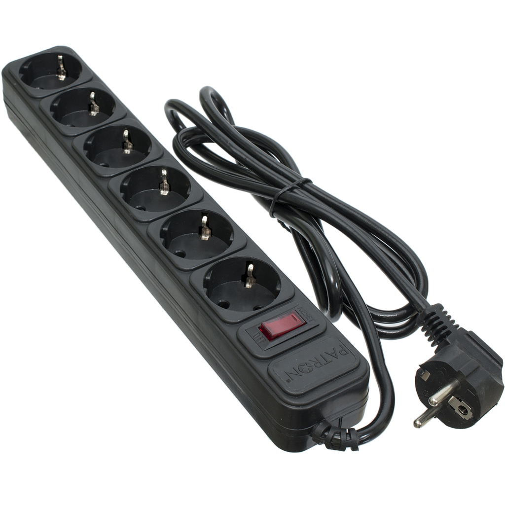 Мережевий фільтр живлення Patron 1.8 m3*1mm2 (SP-1062) 6 розеток BLACK (EXT-PN-SP-1062) - зображення 1